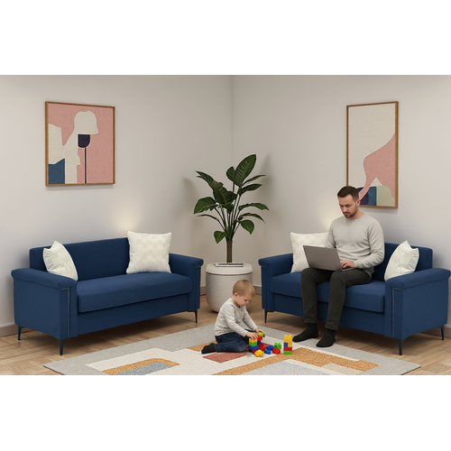 Canapé 2 Places Compact 172 Cm En Lin Bleu, Structure Bois Massif, Pieds Métal, Confort, Lot De 2