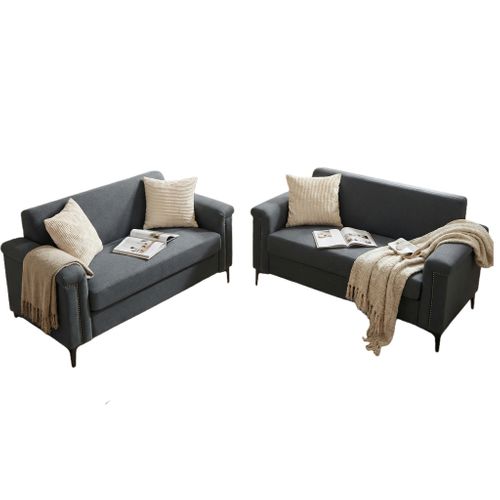 Canapé 2 Places Compact 172 Cm En Lin Gris Foncé, Structure Bois Massif, Pieds Métal, Lot De 2