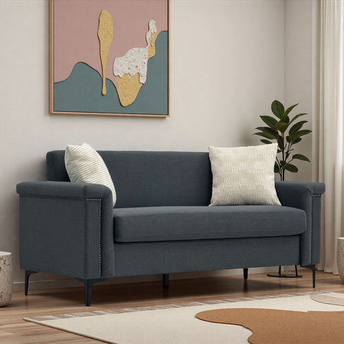 Canapé 2 Places Compact 172 Cm En Lin Gris Foncé, Structure Bois Massif, Pieds Métal, Lot De 2