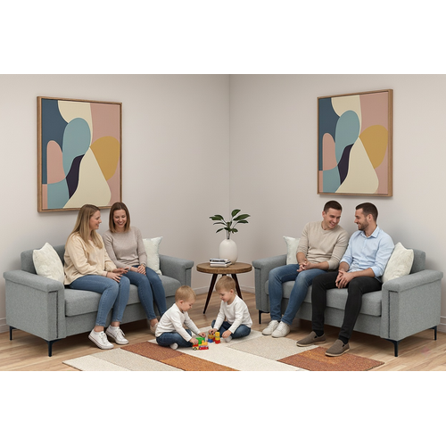 Canapé 2 Places Gris Clair En Tissu Lin, Structure Bois Massif Et Pieds Métal, Lot De 2