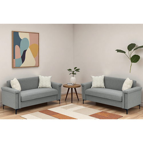 Canapé 2 Places Gris Clair En Tissu Lin, Structure Bois Massif Et Pieds Métal, Lot De 2