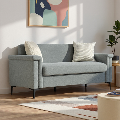 Canapé 2 Places Gris Clair En Tissu Lin, Structure Bois Massif Et Pieds Métal, Lot De 2