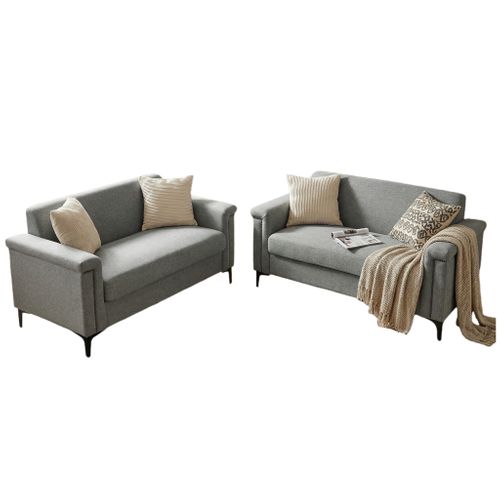 Canapé 2 Places Gris Clair En Tissu Lin, Structure Bois Massif Et Pieds Métal, Lot De 2