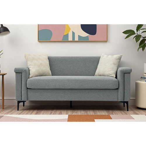 Canapé 2 Places Gris Clair En Tissu Lin, Structure Bois Massif Et Pieds Métal, Lot De 2