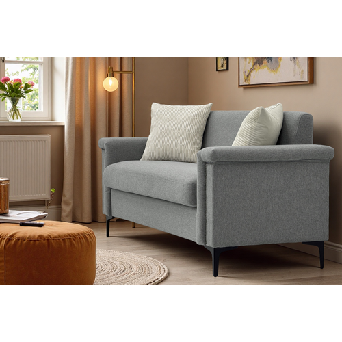 Canapé 2 Places Gris Clair En Tissu Lin, Structure Bois Massif Et Pieds Métal, Lot De 2