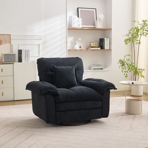Fauteuil Pivotant 360° Oversize En Chenille Noire, Assise Confortable Avec Coussin De Soutien