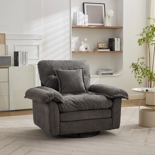Fauteuil Pivotant 360° Oversize En Chenille Grise, Assise Confortable Avec Coussin De Soutien