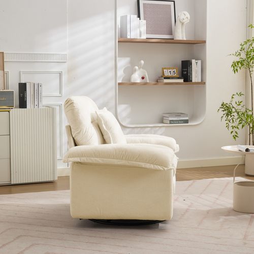 Fauteuil Pivotant 360° Oversize En Chenille Beige, Assise Confortable Avec Coussin De Soutien