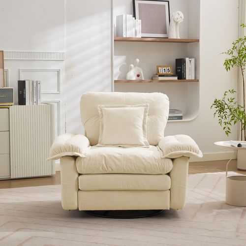 Fauteuil Pivotant 360° Oversize En Chenille Beige, Assise Confortable Avec Coussin De Soutien