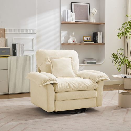 Fauteuil Pivotant 360° Oversize En Chenille Beige, Assise Confortable Avec Coussin De Soutien