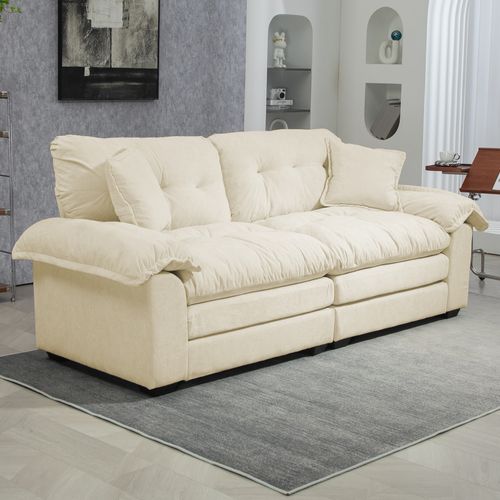 Canapé 2 Places Profond 214cm En Chenille Beige, Coussins Double Couche Mémoire De Forme Et Ressorts