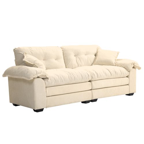 Canapé 2 Places Profond 214cm En Chenille Beige, Coussins Double Couche Mémoire De Forme Et Ressorts