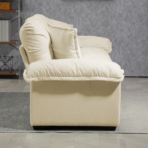 Canapé 2 Places Profond 214cm En Chenille Beige, Coussins Double Couche Mémoire De Forme Et Ressorts