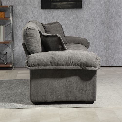 Canapé 2 Places Profond 214 Cm En Chenille Gris, Coussins Double Couche Mémoire De Forme Et Ressorts
