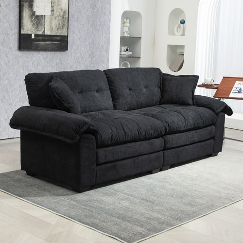 Canapé 2 Places Profond 214 Cm En Chenille Noir, Coussins Double Couche Mémoire De Forme Et Ressorts