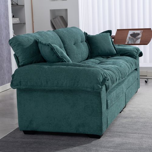 Canapé 2 Places Profond 214 Cm En Chenille Vert, Coussins Double Couche Mémoire De Forme Et Ressorts