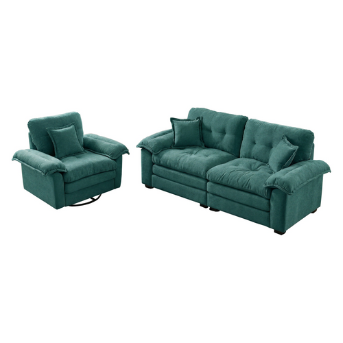 Ensemble Canapé 2 Pièces En Chenille Verte : Fauteuil + Canapé 2 Places à Assise Profonde
