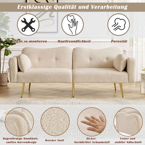 Canapé Convertible 2 Places Avec Dossier Réglable, Pieds Dorés, Tissu Laine Synthétique Beige