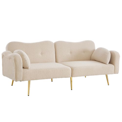 Canapé Convertible 2 Places Avec Dossier Réglable, Pieds Dorés, Tissu Laine Synthétique Beige