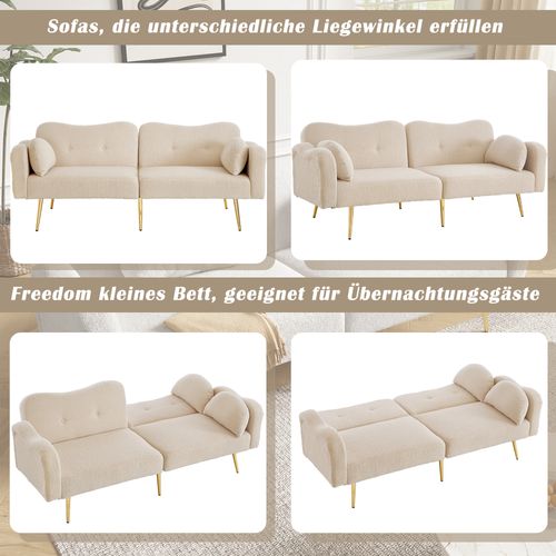 Canapé Convertible 2 Places Avec Dossier Réglable, Pieds Dorés, Tissu Laine Synthétique Beige