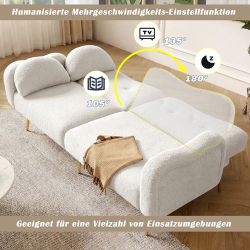 Canapé Convertible 2 Places Avec Dossier Réglable, Pieds Dorés, Tissu Laine Synthétique Blanc