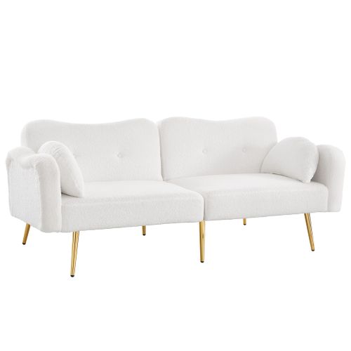 Canapé Convertible 2 Places Avec Dossier Réglable, Pieds Dorés, Tissu Laine Synthétique Blanc