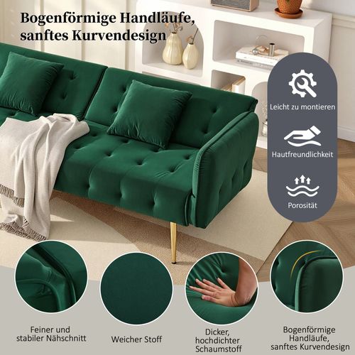 Canapé-lit 2 Places Multifonction Vert Avec Dossier Et Accoudoirs Réglables, Velours Élégant
