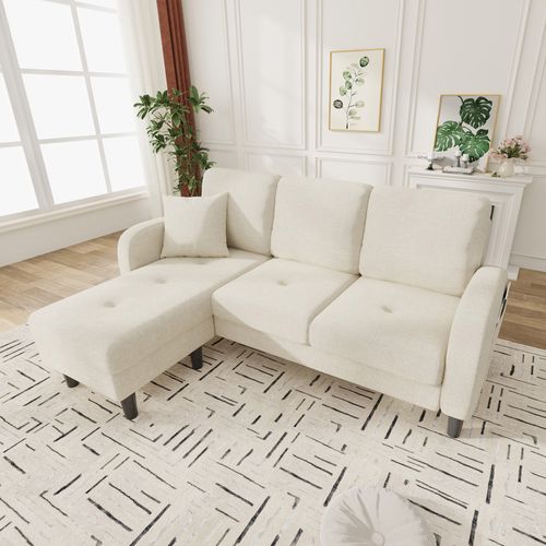 Canapé D’angle 3 Places Avec Chaise Longue En Tissu Cordon Beige