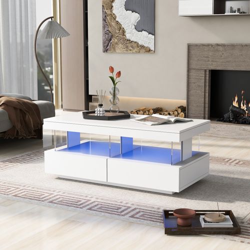 Table Basse Moderne Laquée Blanche Avec Éclairage LED Et Panneaux En Verre, Grand Format 100 X 60 Cm