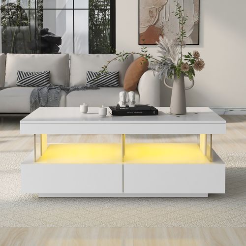 Table Basse Moderne Laquée Blanche Avec Éclairage LED Et Panneaux En Verre, Grand Format 100 X 60 Cm