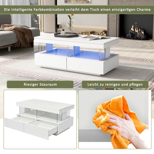 Table Basse Moderne Laquée Blanche Avec Éclairage LED Et Panneaux En Verre, Grand Format 100 X 60 Cm