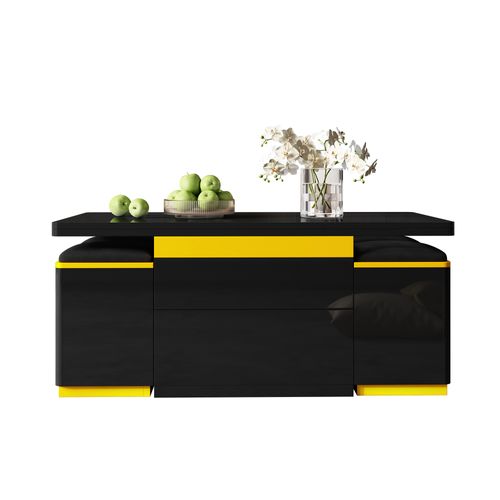 Table Basse Relevable Noire Laquée Avec Rangements Et 4 Poufs, Multifonction Gain De Place 100x50 Cm