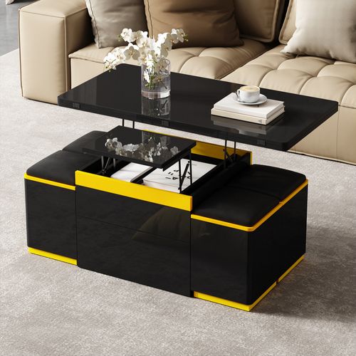 Table Basse Relevable Noire Laquée Avec Rangements Et 4 Poufs, Multifonction Gain De Place 100x50 Cm
