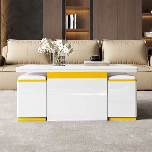 Table Basse Relevable Blance Laquée Avec Rangements Et 4 Poufs, Multifonction Gain De Place 100x50cm