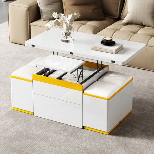 Table Basse Relevable Blance Laquée Avec Rangements Et 4 Poufs, Multifonction Gain De Place 100x50cm