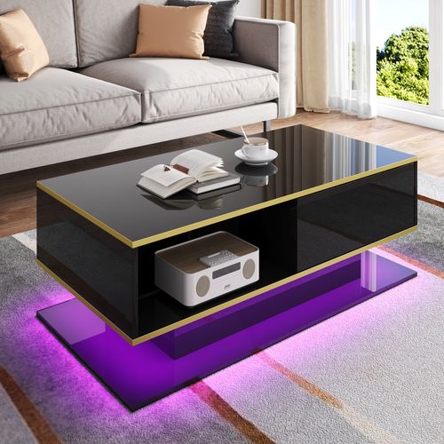 Table Basse LED Moderne Noir Brillant 100 Cm Avec Décor Doré, 3 Tiroirs Et Éclairage USB Intégré