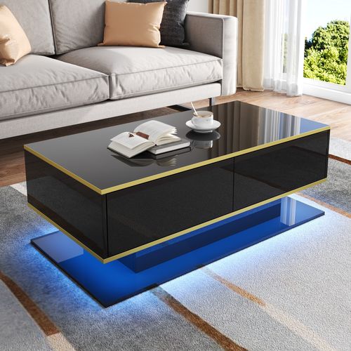 Table Basse LED Moderne Noir Brillant 100 Cm Avec Décor Doré, 3 Tiroirs Et Éclairage USB Intégré