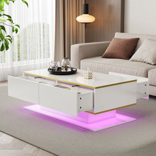 Table Basse LED Moderne Blanc Brillant 100 Cm Avec Décor Doré, 3 Tiroirs Et Éclairage USB Intégré