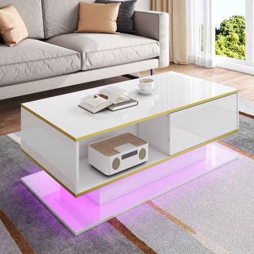 Table Basse LED Moderne Blanc Brillant 100 Cm Avec Décor Doré, 3 Tiroirs Et Éclairage USB Intégré
