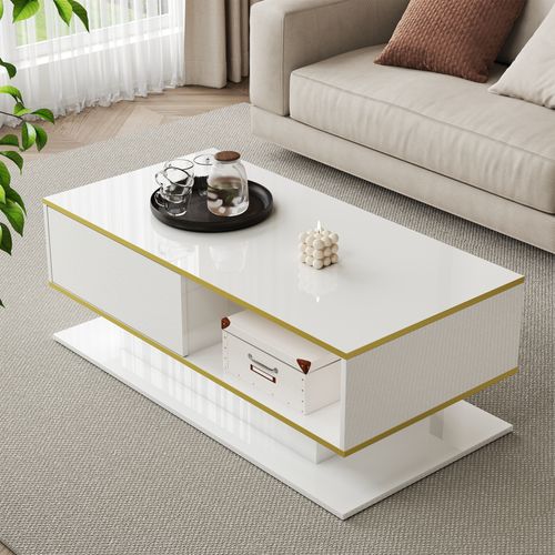 Table Basse LED Moderne Blanc Brillant 100 Cm Avec Décor Doré, 3 Tiroirs Et Éclairage USB Intégré