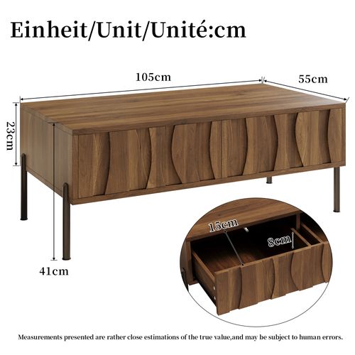 Table Basse Rétro Moderne Avec Double Tiroir Incurvé, Plateau Large Et Pieds Métal – 105x55 Cm