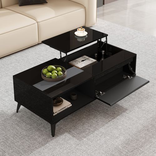 Table Basse Moderne Noire Laquée, Multifonction Avec Rangement Et Plateau Relevable 110x50x48 Cm