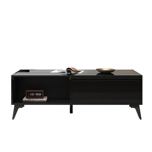 Table Basse Moderne Noire Laquée, Multifonction Avec Rangement Et Plateau Relevable 110x50x48 Cm