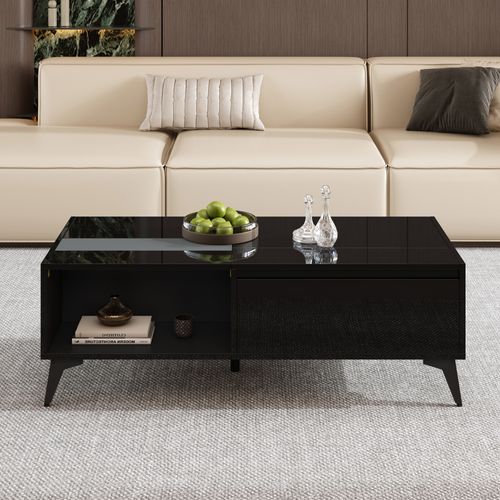 Table Basse Moderne Noire Laquée, Multifonction Avec Rangement Et Plateau Relevable 110x50x48 Cm