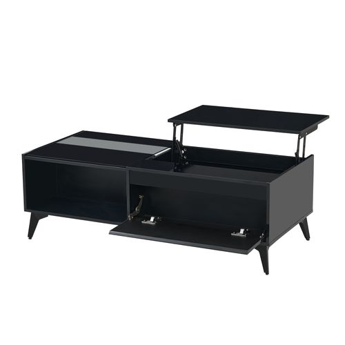 Table Basse Moderne Noire Laquée, Multifonction Avec Rangement Et Plateau Relevable 110x50x48 Cm