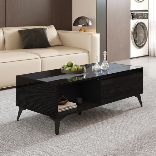 Table Basse Moderne Noire Laquée, Multifonction Avec Rangement Et Plateau Relevable 110x50x48 Cm