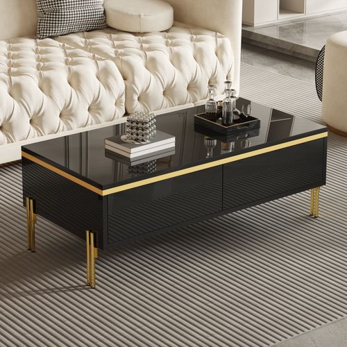 Table Basse Moderne Noire Laquée Avec Rangement Et Accents Dorés, Multifonctionnelle 100x50x36 Cm