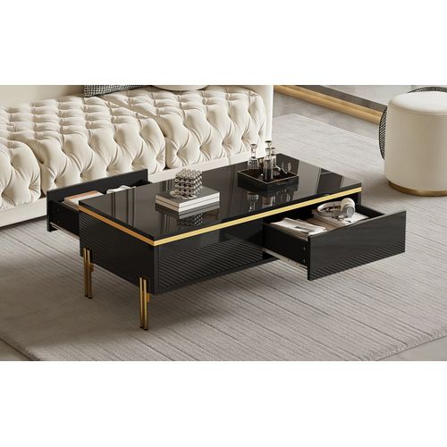 Table Basse Moderne Noire Laquée Avec Rangement Et Accents Dorés, Multifonctionnelle 100x50x36 Cm