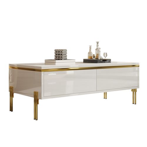 Table Basse Moderne Blance Laquée Avec Rangement Et Accents Dorés, Multifonctionnelle 100x50x36 Cm