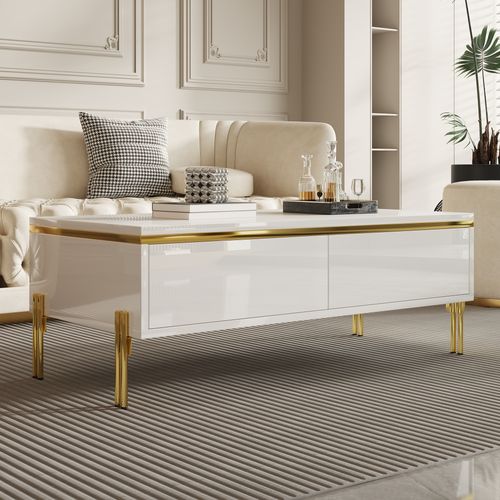 Table Basse Moderne Blance Laquée Avec Rangement Et Accents Dorés, Multifonctionnelle 100x50x36 Cm